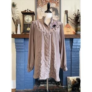 Vintage Suzelle Sz 10 Gray Button Blouse Embroidered Paisley Sequin M 80s 90s